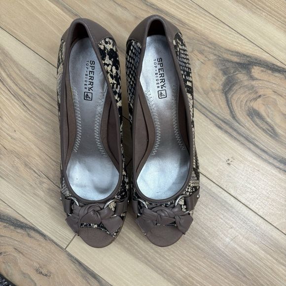 Sperry Top Sider 9 Snake Print Wedge Leather Peep Toe Heel Career Size 9.5 - Picture 3 of 8